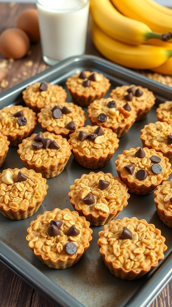 A tray of baked oat cups topped with nuts and chocolate chips on a wooden table with bananas and milk.
